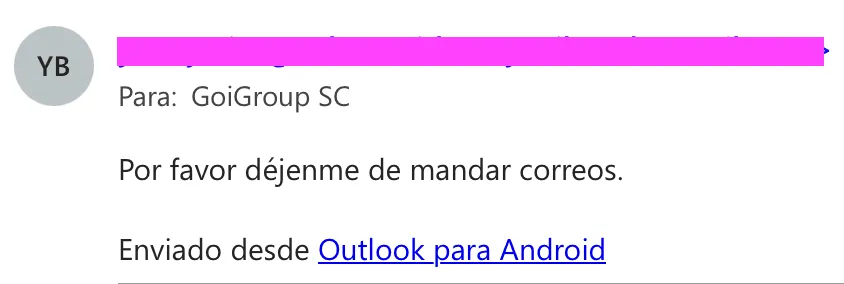 Captura de email de seguidora valorando la sencillez y honestidad del newsletter de GoiGroup