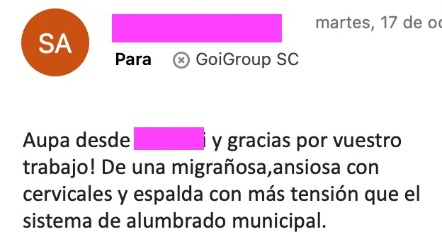 Email de seguidora: proceso de recuperación de síntomas crónicos con el newsletter de GoiGroup