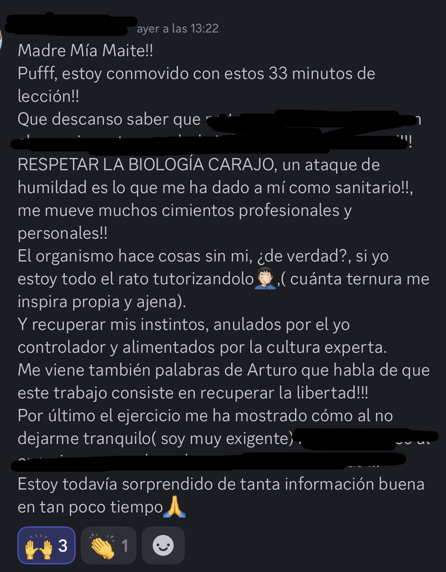 Captura de chat de profesional sanitario en la membresía GoiGroup tras una lección: RESPETAR LA BIOLOGÍA CARAJO, un ataque de humildad como sanitario que le mueve cimientos profesionales y personales