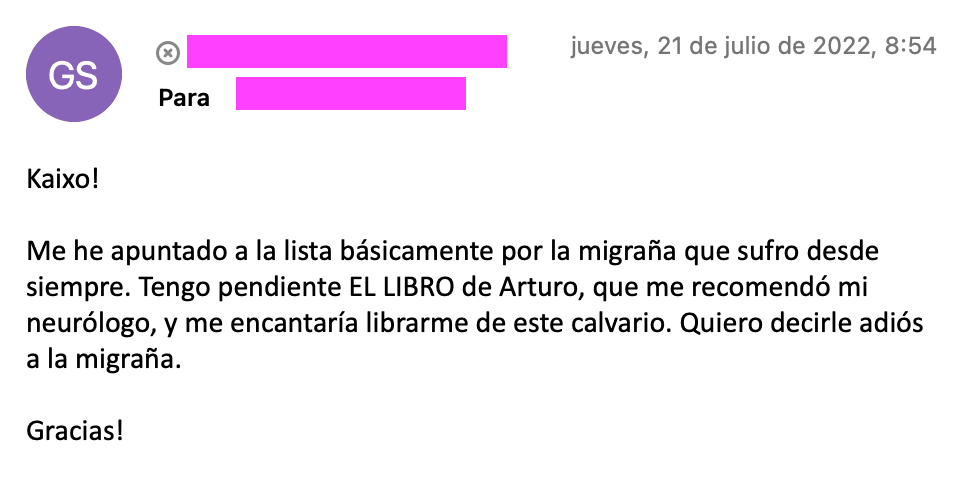 Email de seguidor sobre su transformación en la relación con el dolor crónico gracias a GoiGroup
