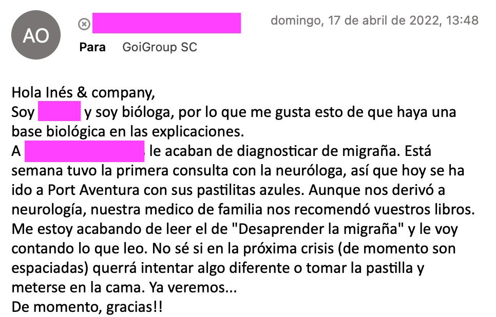 Captura de email de seguidor de GoiGroup describiendo cambios positivos en sus síntomas crónicos
