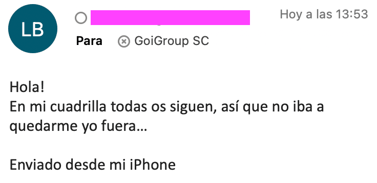 Email de lectora valorando la facilidad de seguimiento y la libertad de darse de baja del newsletter
