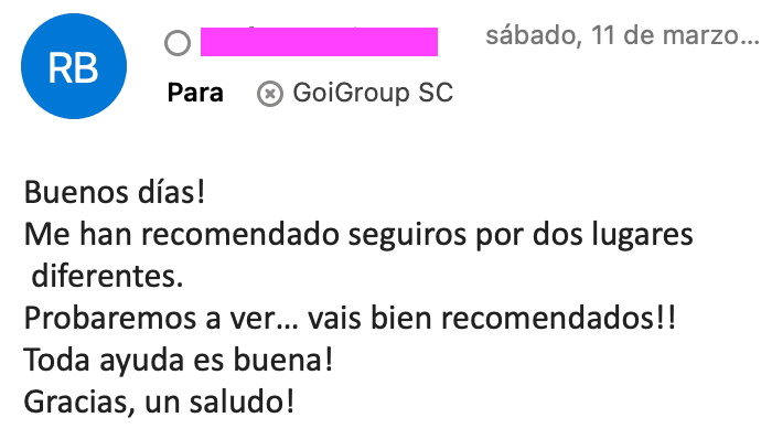 Recomendación escrita de profesional sanitario avalando el abordaje de GoiGroup para el dolor crónico