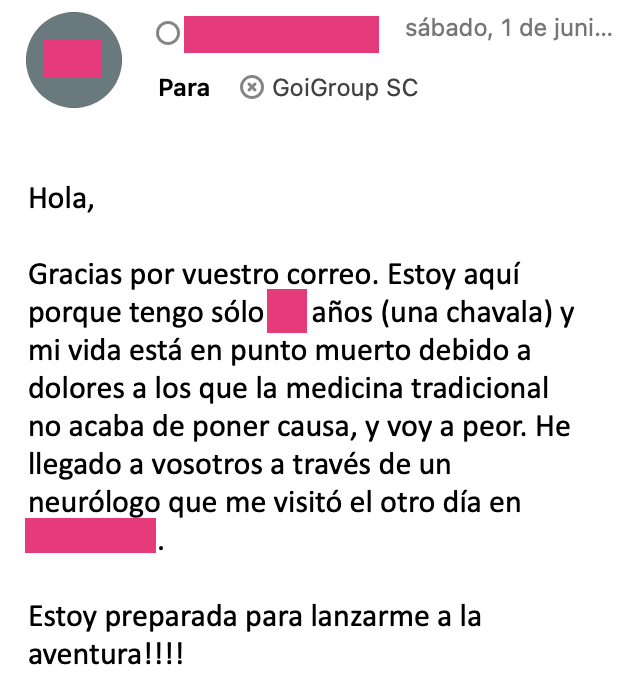 Correo de médico recomendando GoiGroup a sus pacientes con síntomas sin explicación médica
