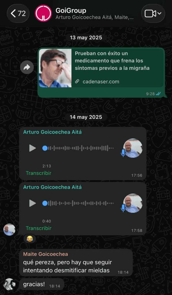 Chat privado del equipo GoiGroup: Arturo Goicoechea, Maite, María e Inés comentan casos de dolor crónico y migraña