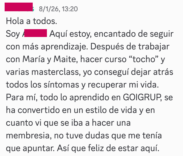 Captura de pantalla de testimonio de miembro: mejoría de síntomas con el apoyo directo del equipo GoiGroup